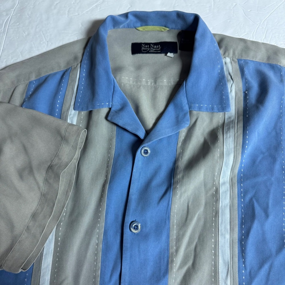Nat Nast Luxury Originals 100% Silk Bowling Shirt Blue Tan Color Block Mens XL